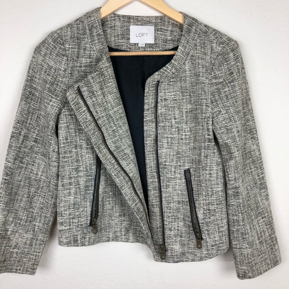 {Ann Taylor Loft} Light Grey Black Zipper Blazer